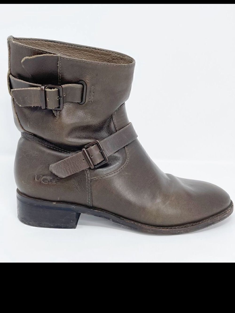 UGG Fletcher Leather Ankle Boots Brown Double Buckle Moto Size 7